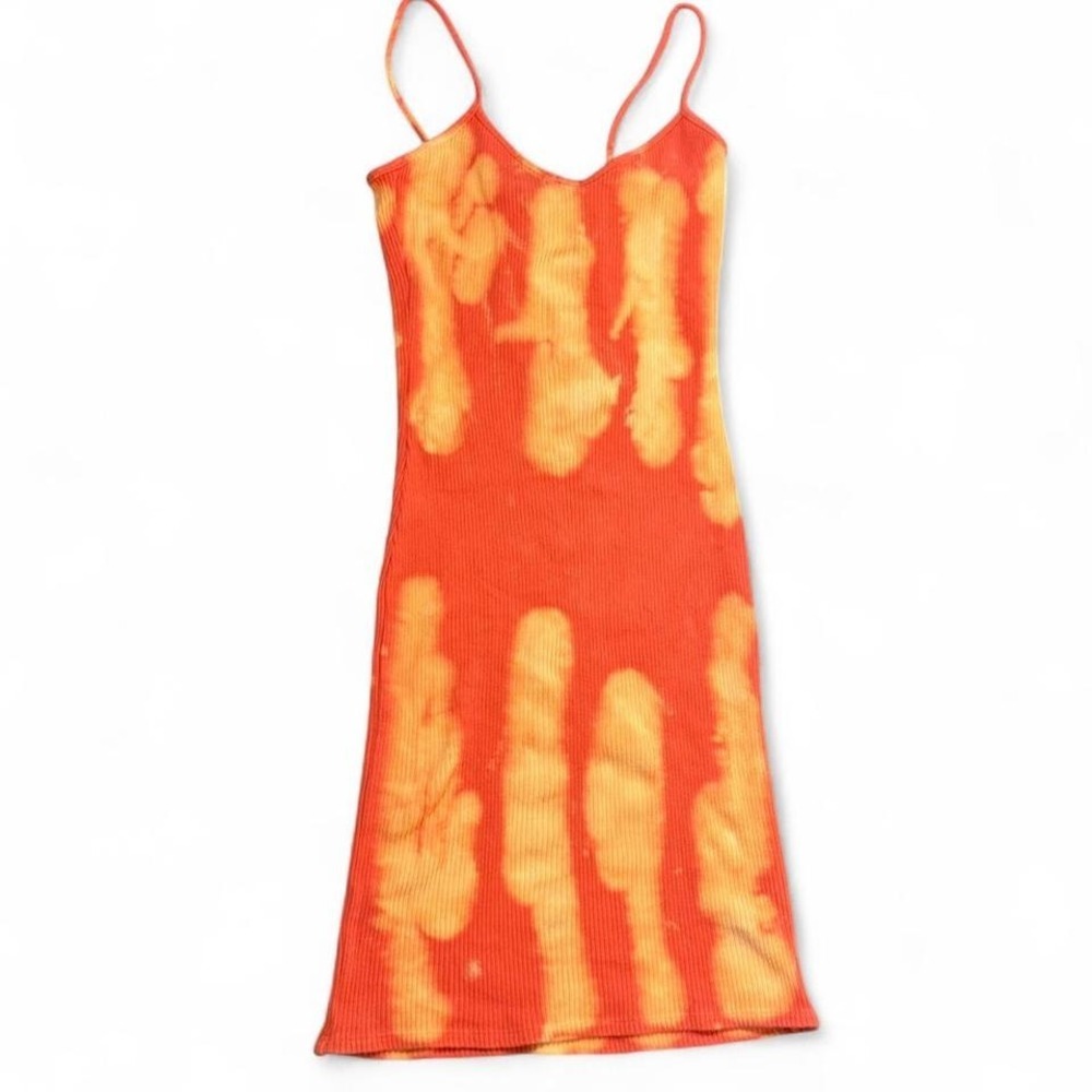 Orange Tie-Dye Bodycon Mini Dress Spaghetti Straps Stretchy Fit Rave Energy
